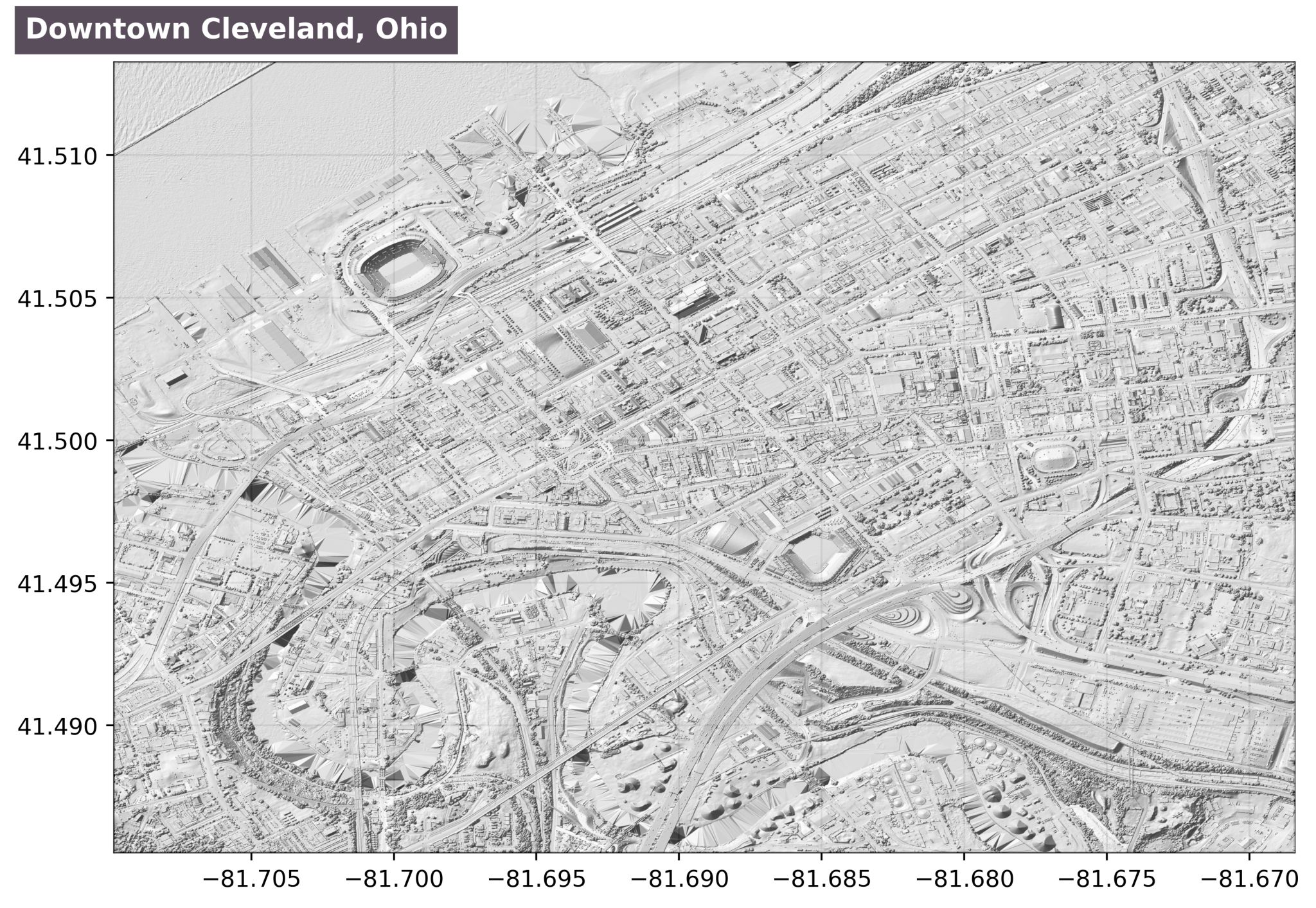 🌆 Downtown Cleveland, OH, USA 🇺🇸<br>[1m LiDAR, data from USGS 3DEP (3D Elevation Program)]</br>
