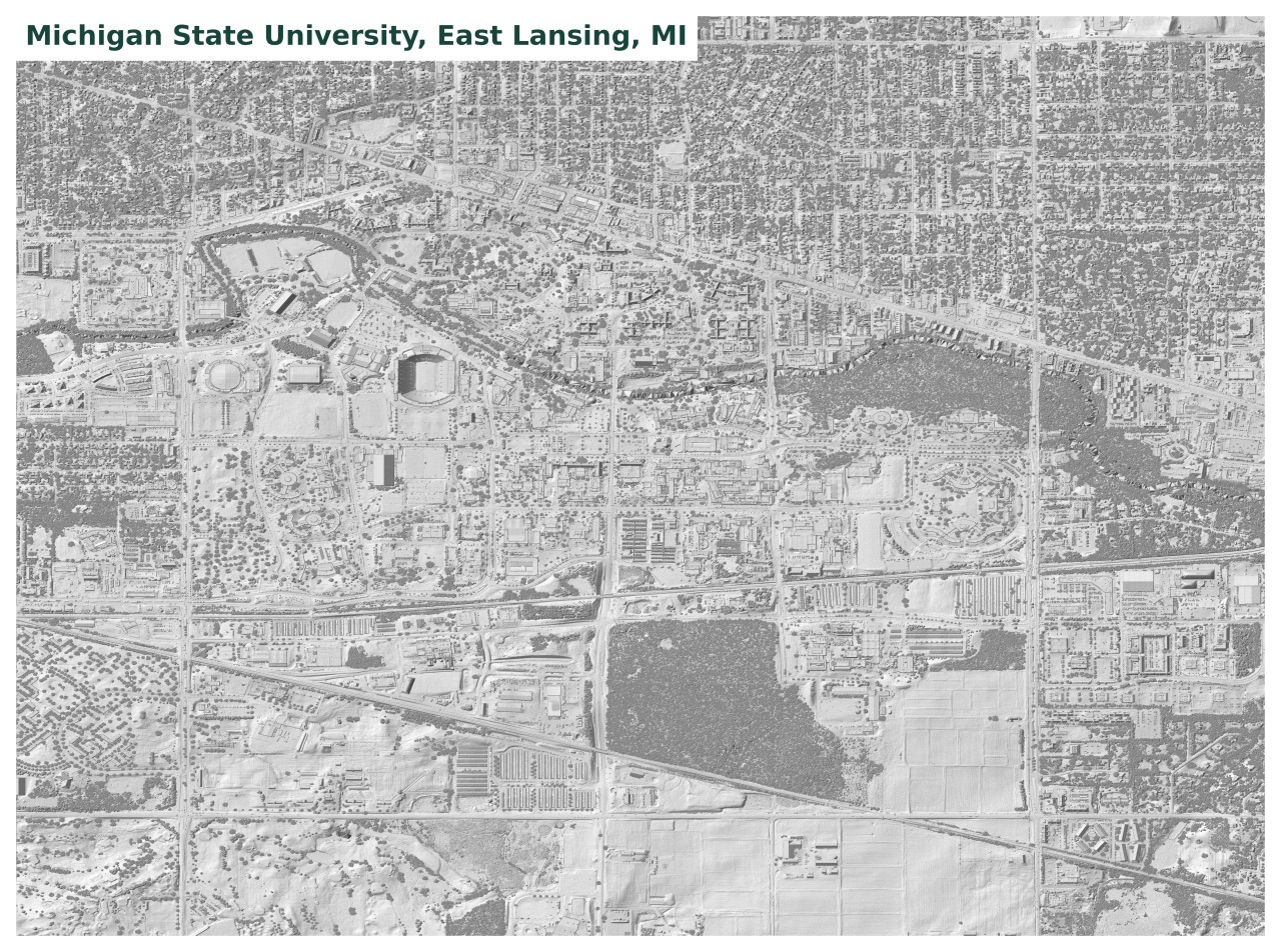 🏙️ Michigan State University campus in East Lansing, MI, USA 🇺🇸<br>[1m LiDAR, data from USGS 3DEP (3D Elevation Program)]</br>