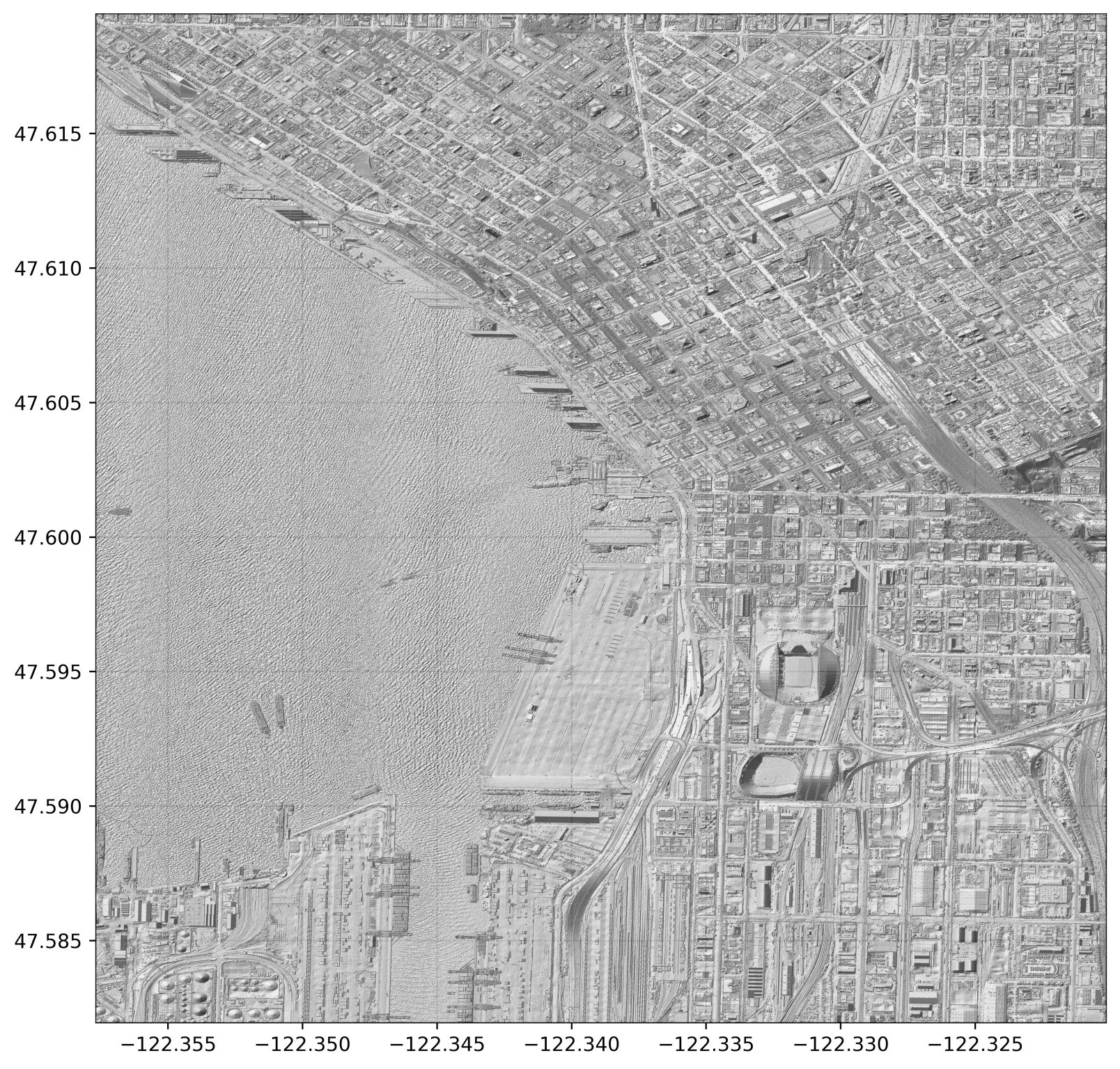 🏙️ Downtown Seattle, WA and its seaport, USA 🇺🇸<br>[1m LiDAR, data from USGS 3DEP (3D Elevation Program)]</br>