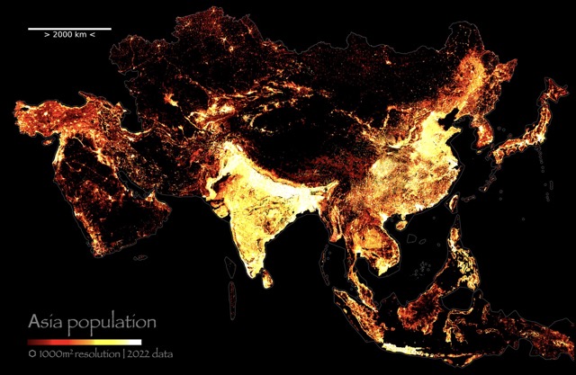 🌐 Population of Asia [hot]<br>[WGS 84 (EPSG:3857) | UN M49 | ⬡ 1000m2 Kontur Population dataset - 2022/June]
