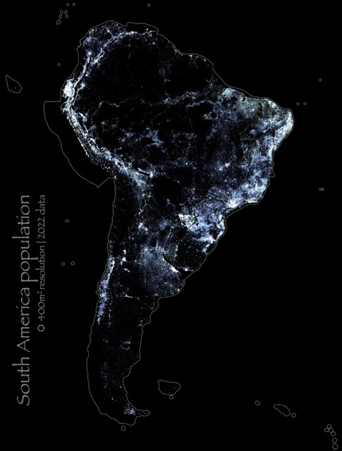 🌐 Population of South America [ice]<br>[WGS 84 (EPSG:3857) | UN M49 | ⬡ 1000m2 Kontur Population dataset - 2022/June]