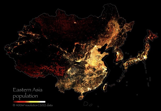 🌐 Population of Eastern Asia [hot]<br>[WGS 84 (EPSG:3857) | UN M49 | ⬡ 400m2 Kontur Population dataset - 2022/June]