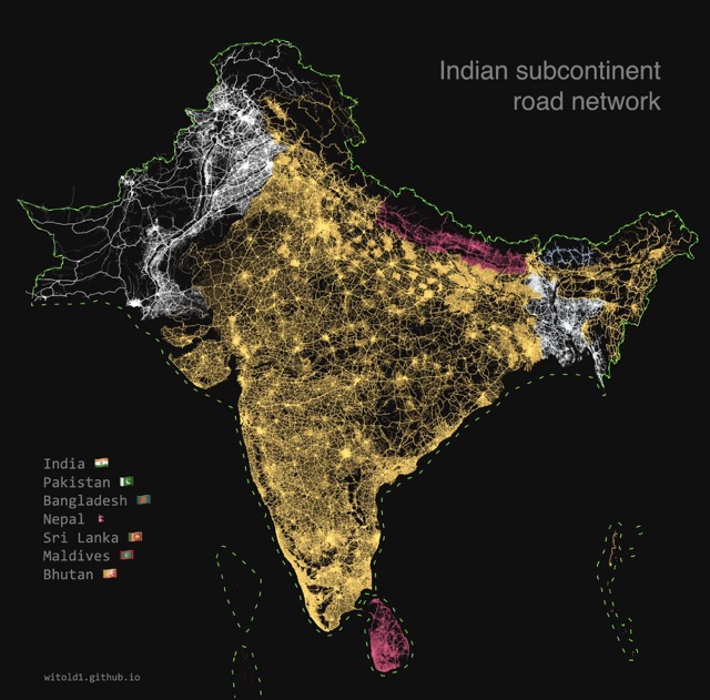 🇮🇳 🇵🇰 🇧🇩 🇳🇵 🇱🇰 🇲🇻 🇧🇹 Road network of Indian subcontinent 🛣️