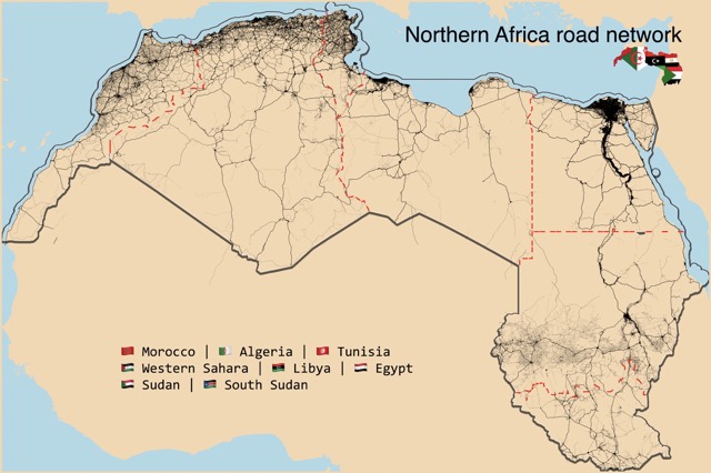 🇩🇿 🇲🇦 🇪🇭 🇹🇳 🇱🇾 🇪🇬 🇸🇩 🇸🇸 Road network of Northern Africa states 🛣️