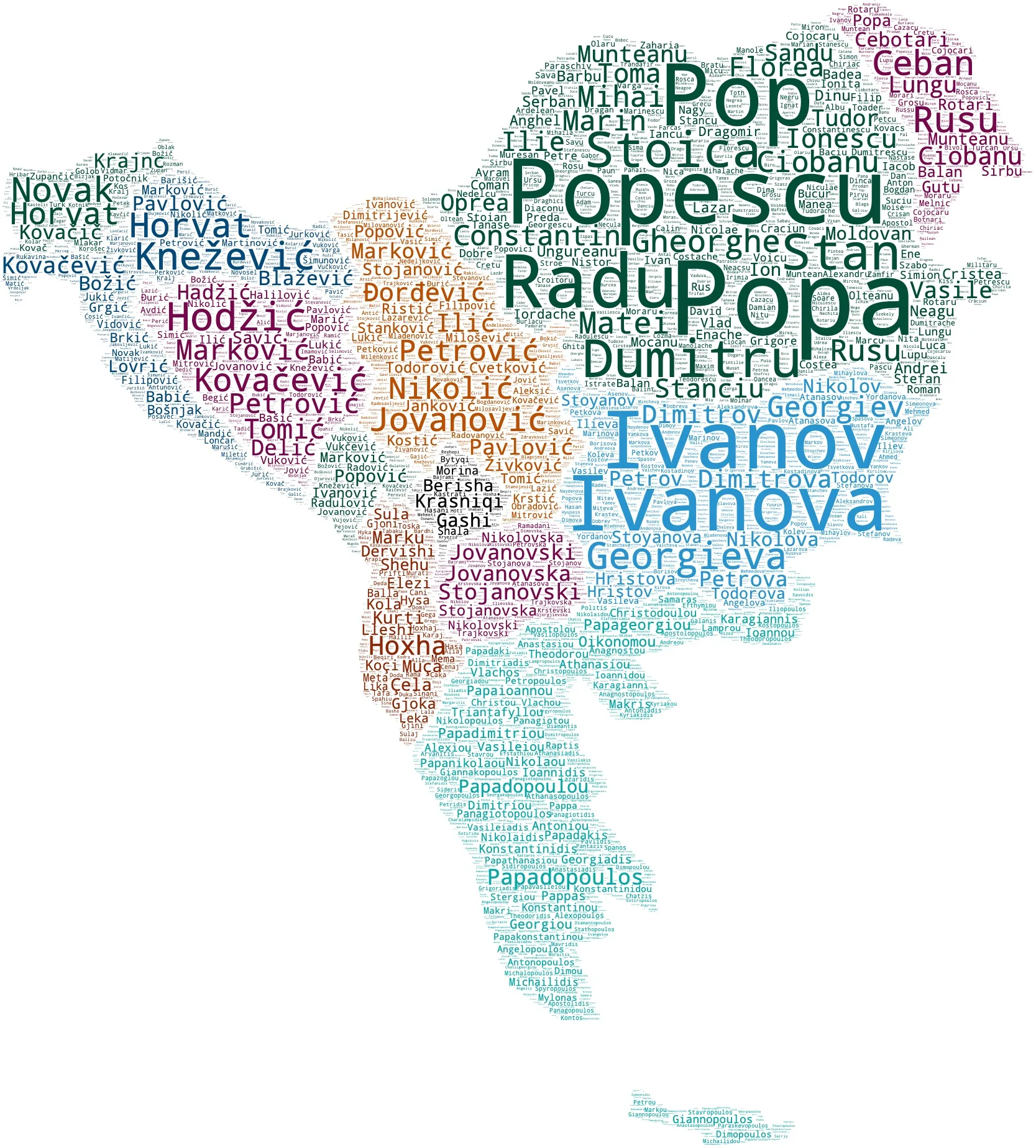 Merged surname wordcloud map of the Balkan Peninsula