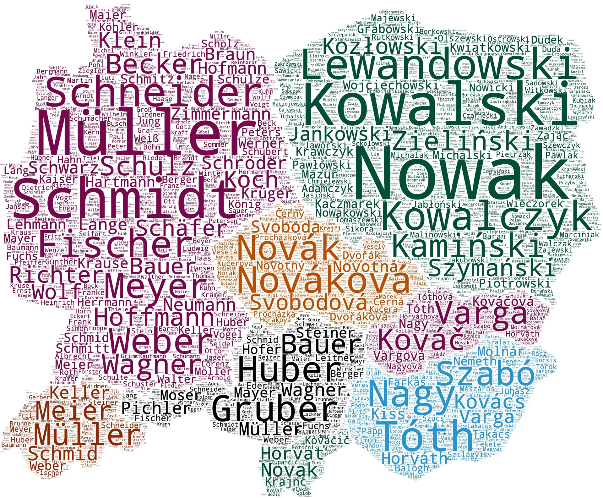 Merged surname wordcloud map of Central Europe