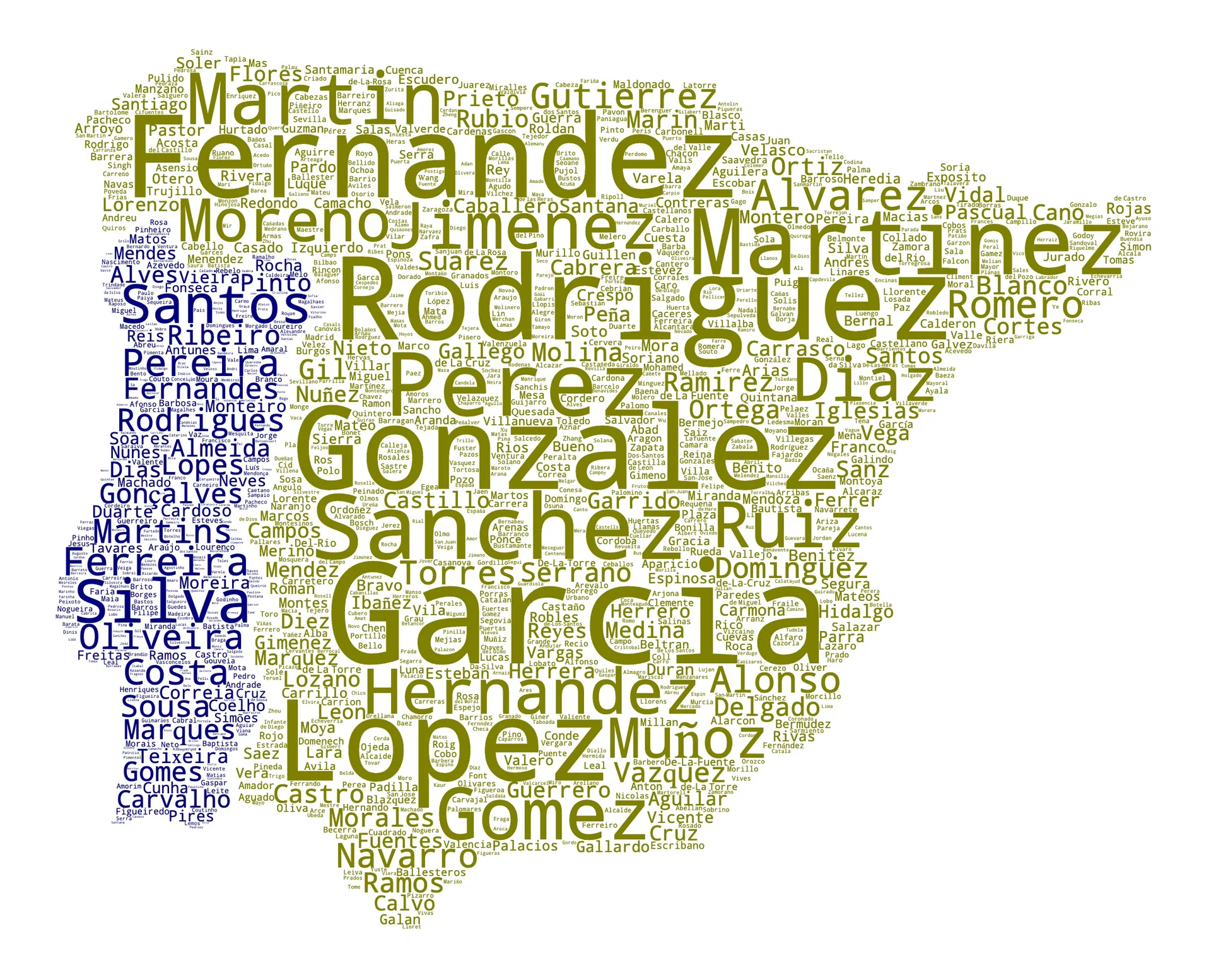 Merged surname wordcloud map of the Iberian Peninsula