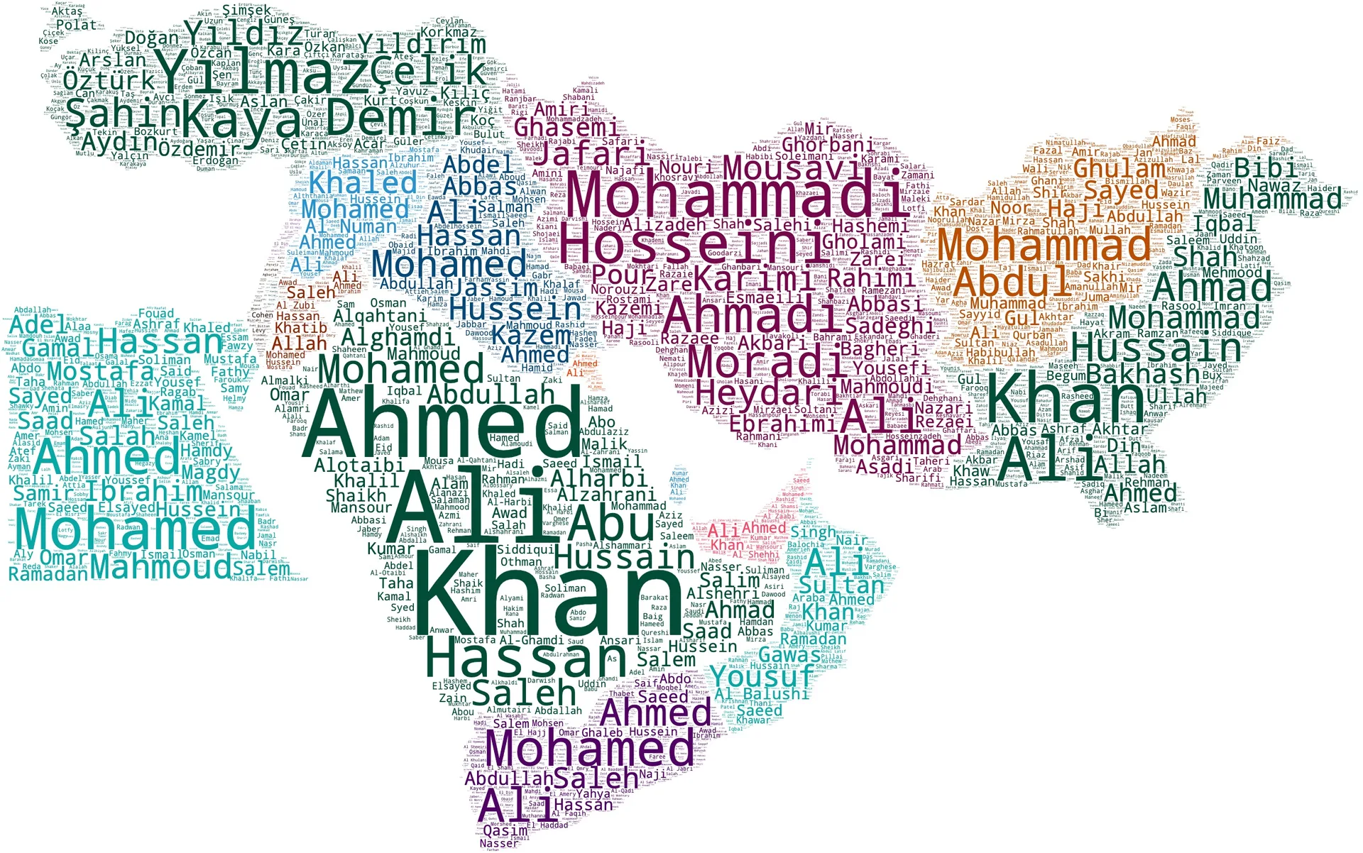 Merged surname wordcloud map of the Middle East
