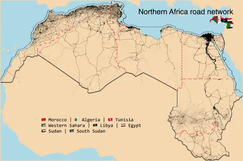 🇩🇿 🇲🇦 🇪🇭 🇹🇳 🇱🇾 🇪🇬 🇸🇩 🇸🇸 Road network of Northern Africa states 🛣️
